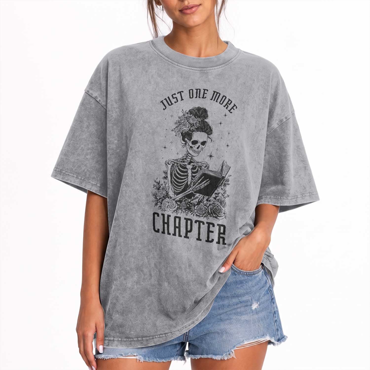 Funny Skeleton Book Lover Washed Cotton T-Shirt Just One More Chapter