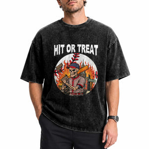 Funny Halloween Baseball Washed Cotton T-Shirt Hit Or Treat Skeleton Player