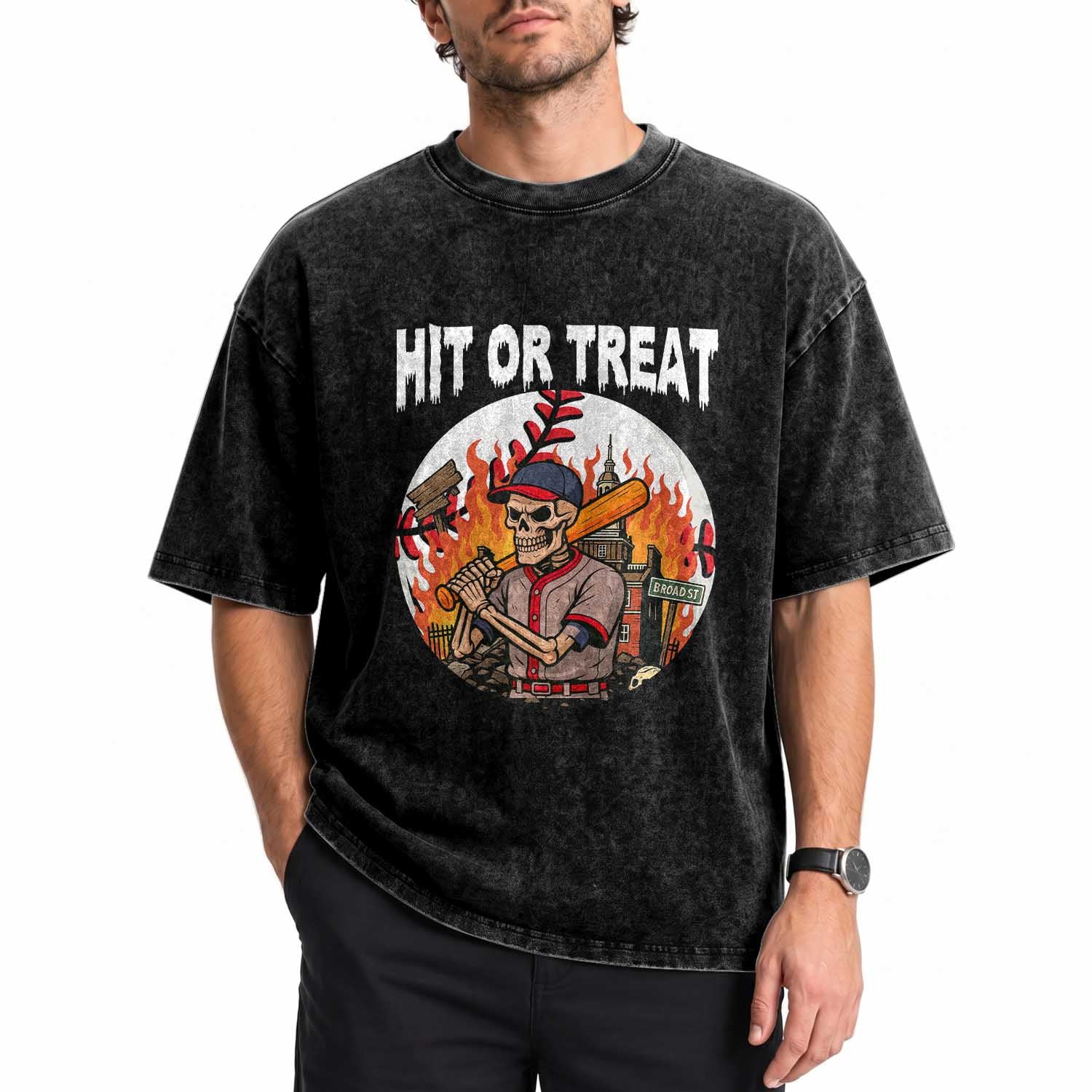 Funny Halloween Baseball Washed Cotton T-Shirt Hit Or Treat Skeleton Player