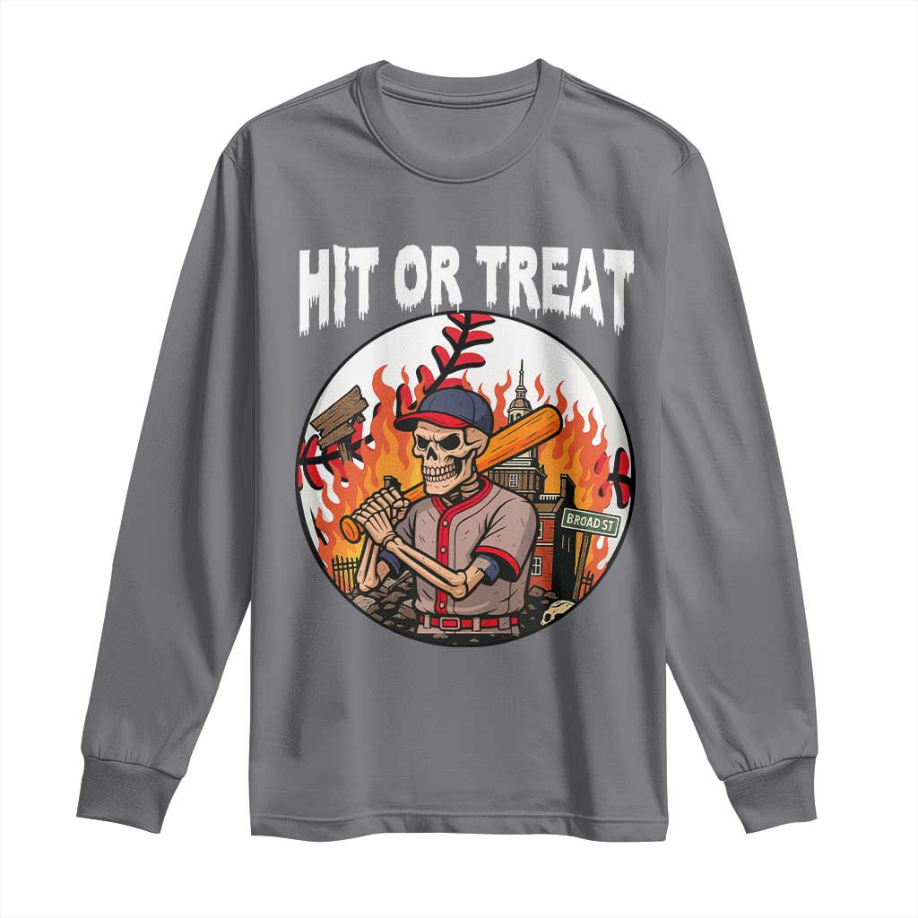 Funny Halloween Baseball Long Sleeve Shirt Hit Or Treat Skeleton Player TS12 Charcoal Print Your Wear