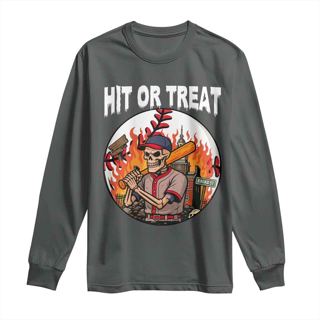 Funny Halloween Baseball Long Sleeve Shirt Hit Or Treat Skeleton Player TS12 Dark Heather Print Your Wear