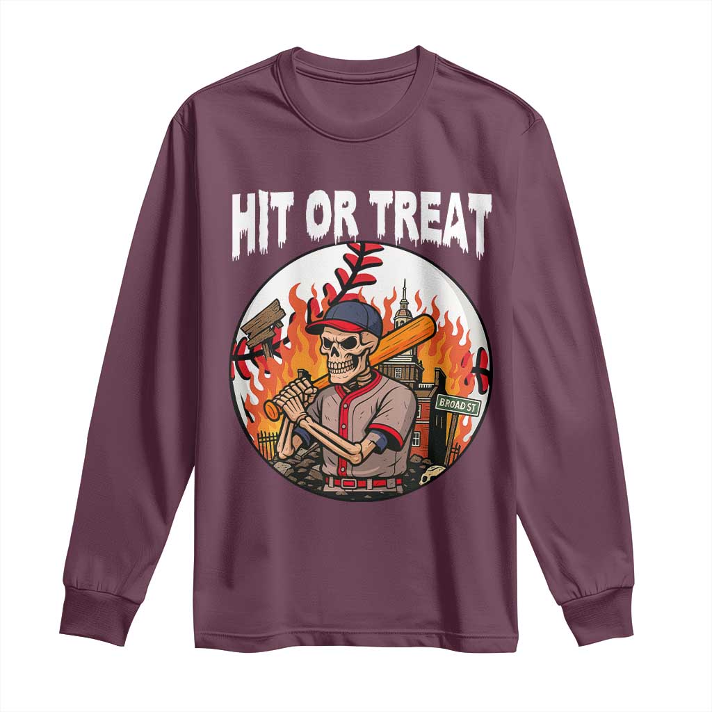 Funny Halloween Baseball Long Sleeve Shirt Hit Or Treat Skeleton Player TS12 Maroon Print Your Wear
