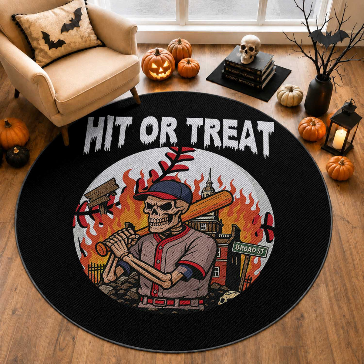 Funny Halloween Baseball Round Rug Hit Or Treat Skeleton Player