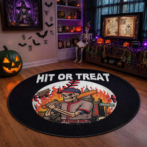 Funny Halloween Baseball Round Rug Hit Or Treat Skeleton Player