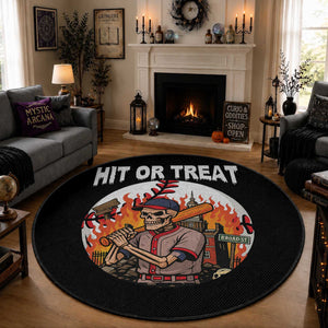 Funny Halloween Baseball Round Rug Hit Or Treat Skeleton Player