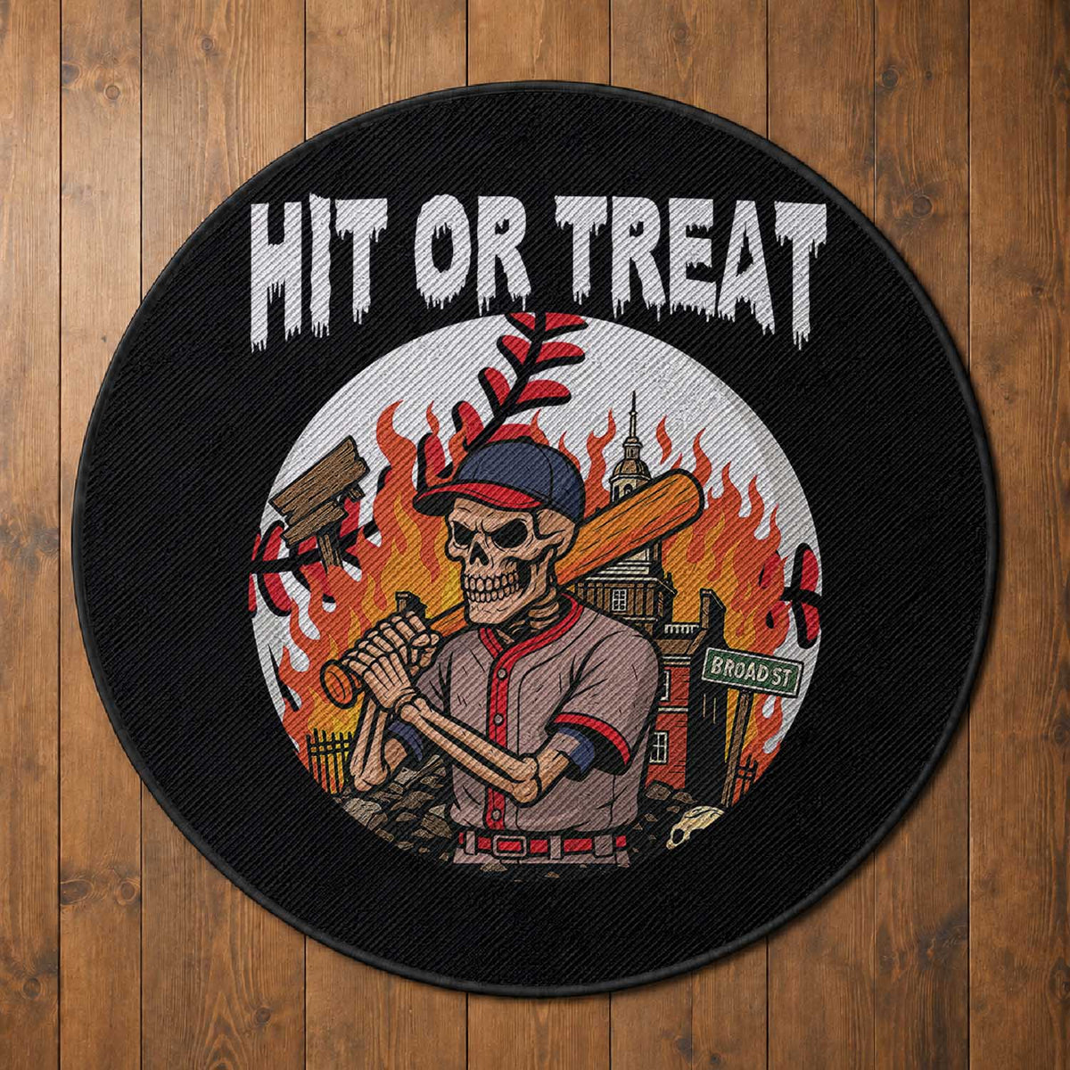 Funny Halloween Baseball Round Rug Hit Or Treat Skeleton Player