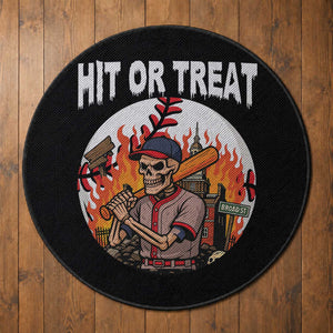 Funny Halloween Baseball Round Rug Hit Or Treat Skeleton Player