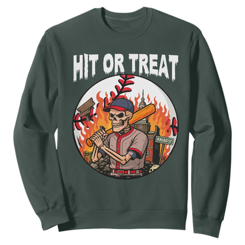 Funny Halloween Baseball Sweatshirt Hit Or Treat Skeleton Player TS12 Dark Forest Green Print Your Wear