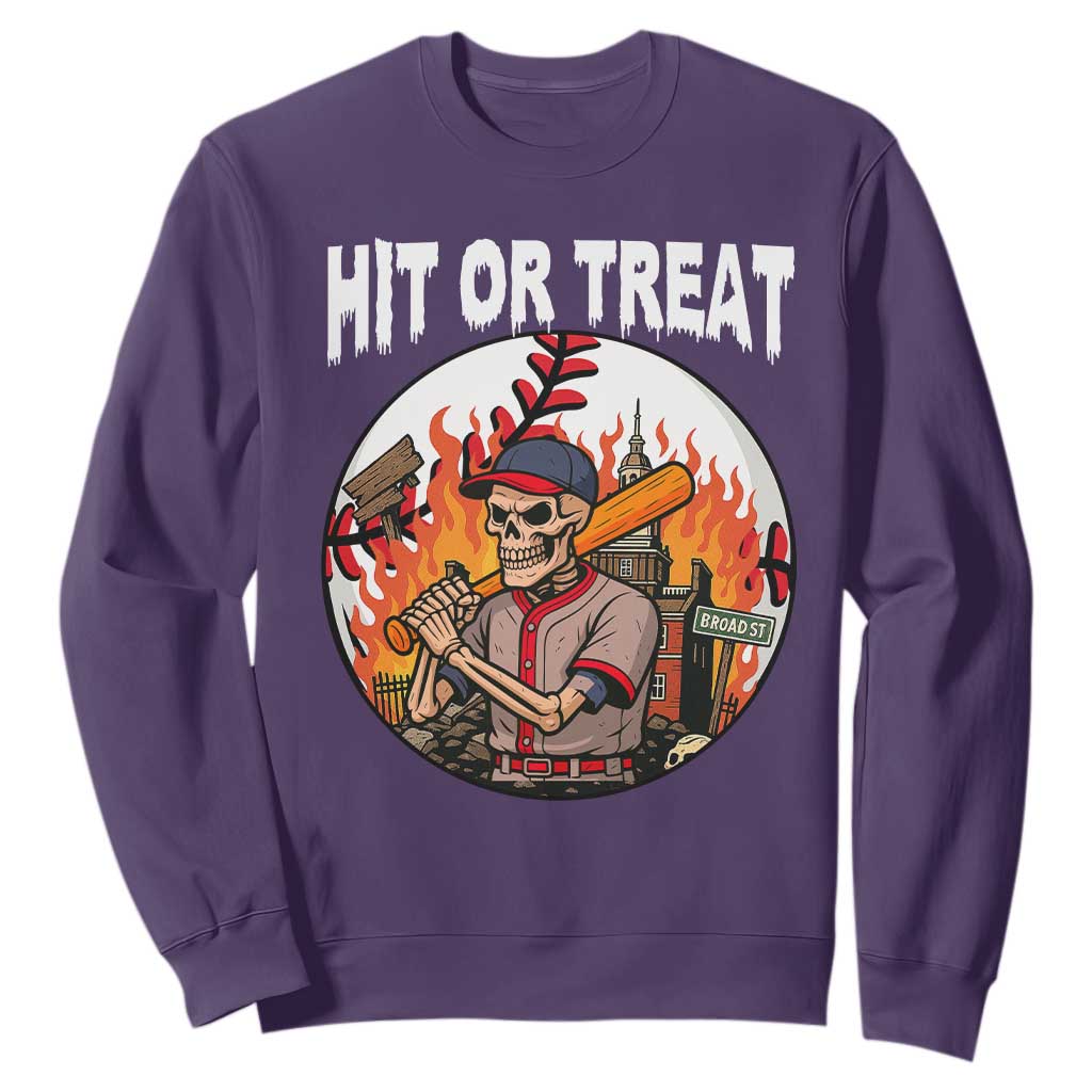 Funny Halloween Baseball Sweatshirt Hit Or Treat Skeleton Player TS12 Purple Print Your Wear