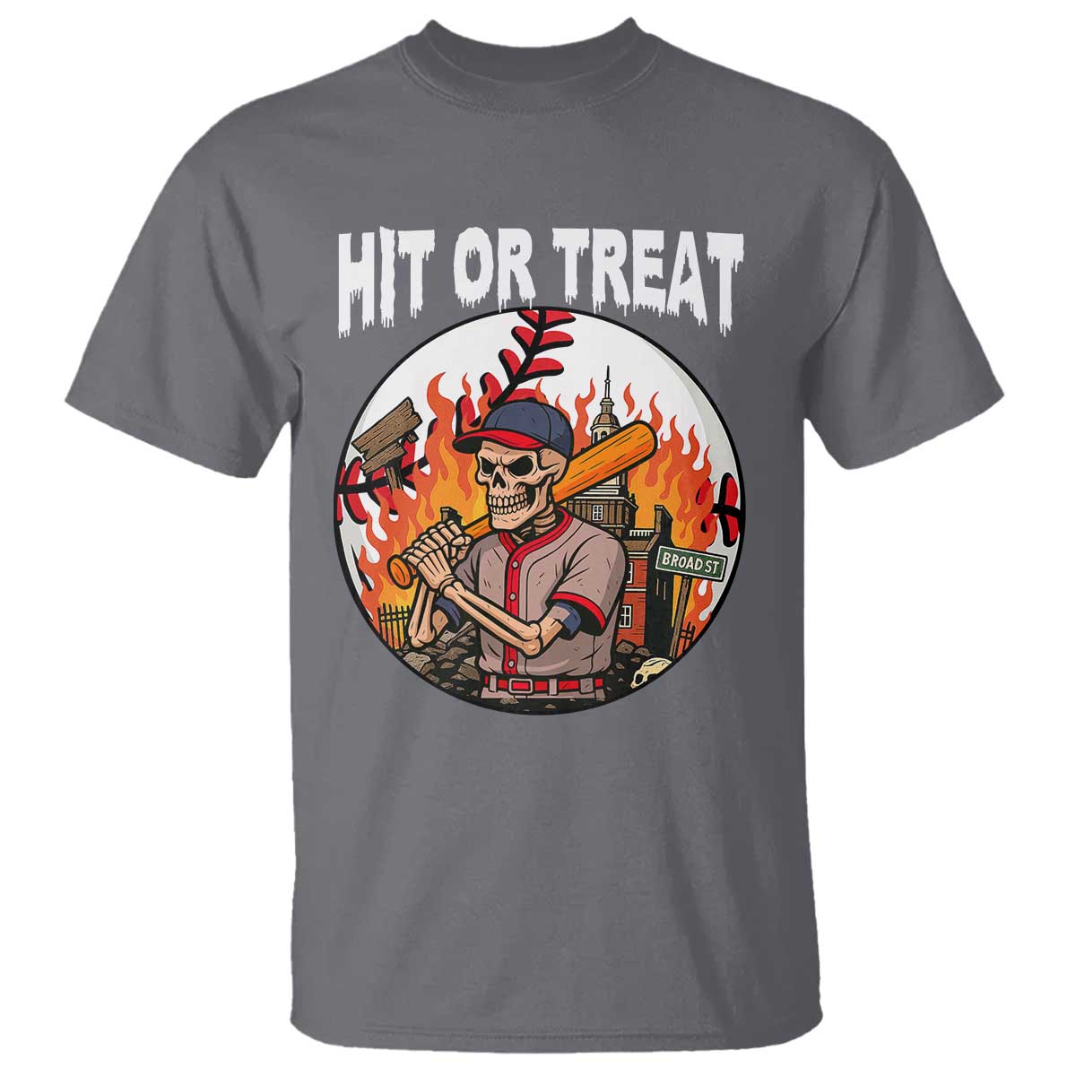 Funny Halloween Baseball T Shirt Hit Or Treat Skeleton Player TS12 Charcoal Print Your Wear