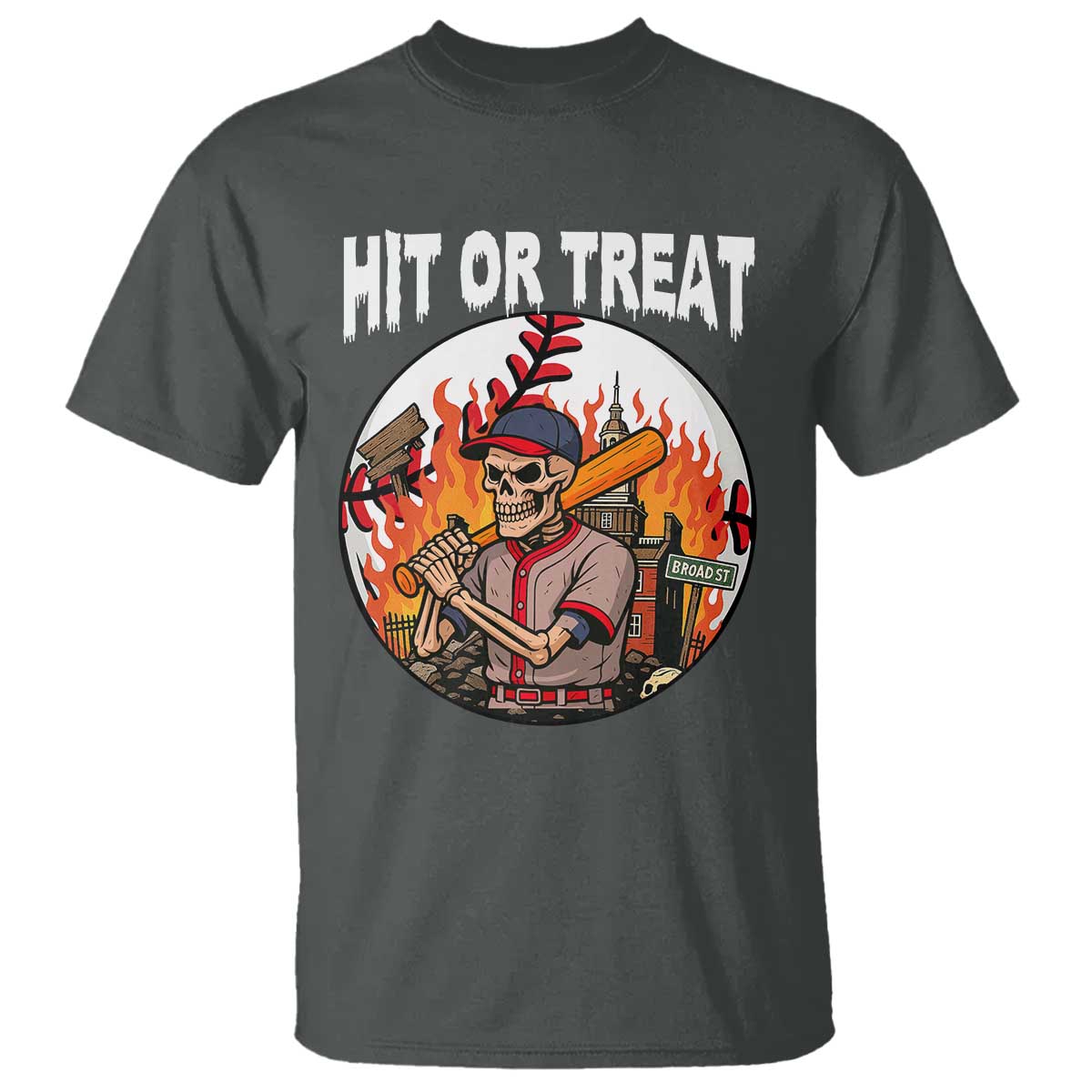 Funny Halloween Baseball T Shirt Hit Or Treat Skeleton Player TS12 Dark Heather Print Your Wear