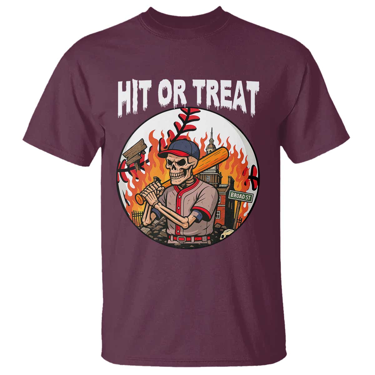 Funny Halloween Baseball T Shirt Hit Or Treat Skeleton Player TS12 Maroon Print Your Wear