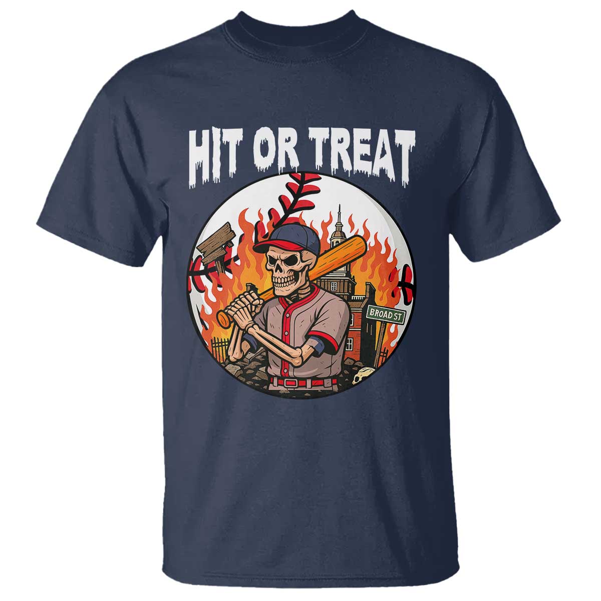 Funny Halloween Baseball T Shirt Hit Or Treat Skeleton Player TS12 Navy Print Your Wear