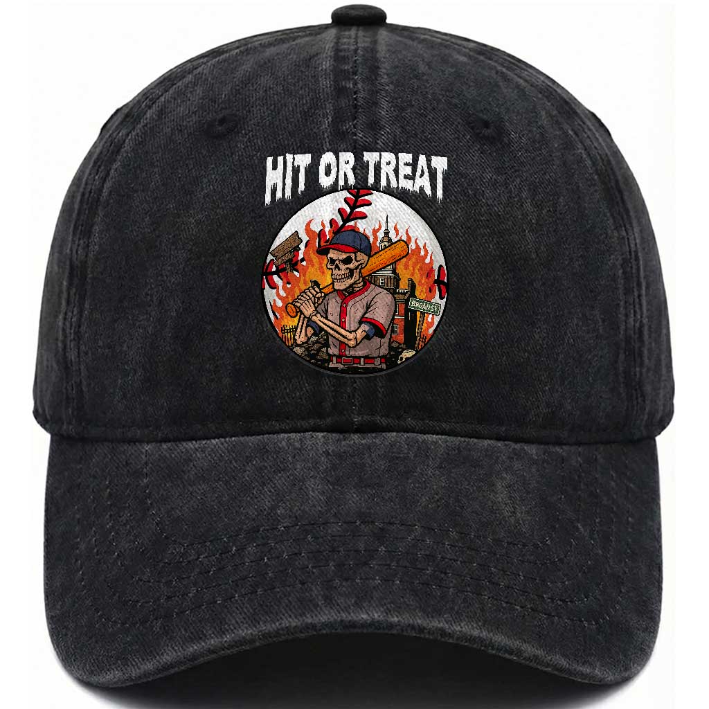 Funny Halloween Baseball Washed Cotton Baseball Cap Hit Or Treat Skeleton Player TS12 Washed Cap Universal Fit Black Print Your Wear