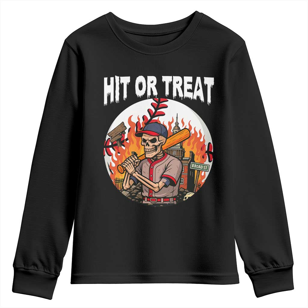 Funny Halloween Baseball Youth Sweatshirt Hit Or Treat Skeleton Player TS12 Black Print Your Wear