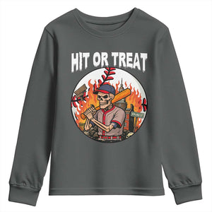 Funny Halloween Baseball Youth Sweatshirt Hit Or Treat Skeleton Player TS12 Dark Heather Print Your Wear
