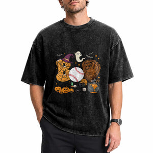 Halloween Baseball Washed Cotton T-Shirt Funny Boo Player Gift For Catcher