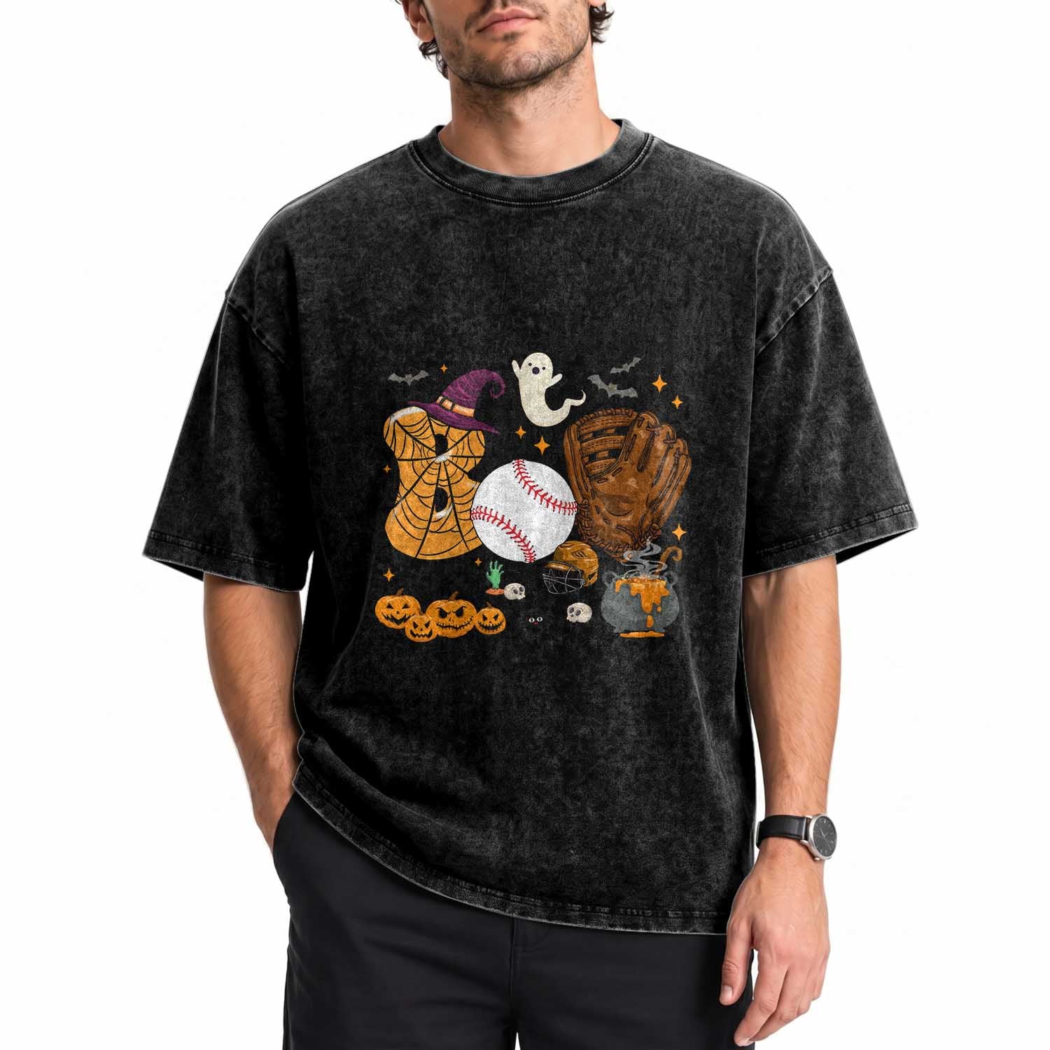 Halloween Baseball Washed Cotton T-Shirt Funny Boo Player Gift For Catcher