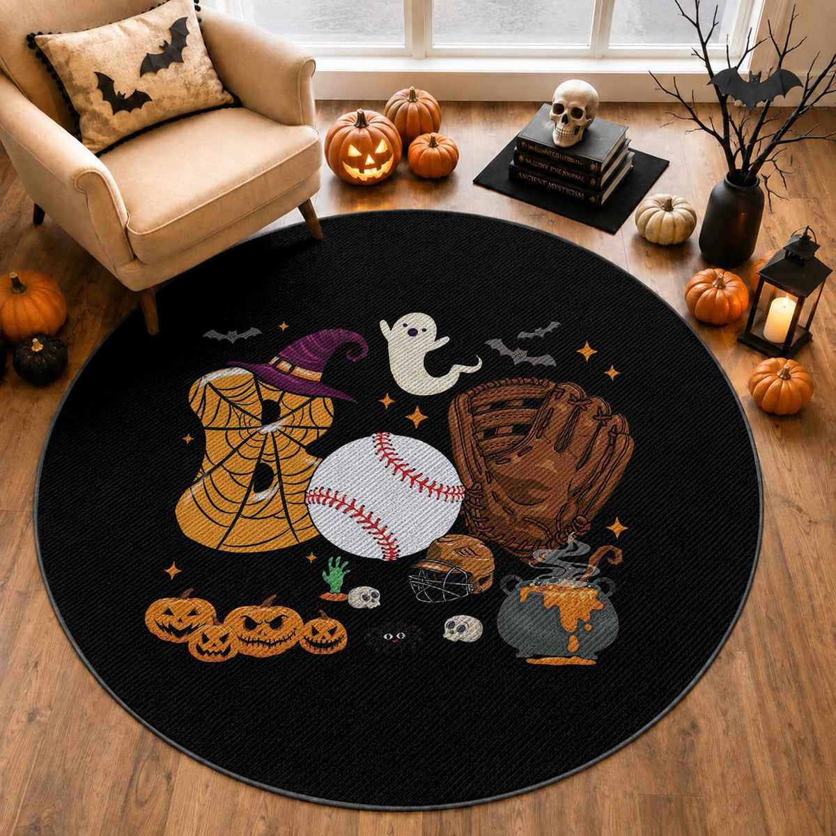 Halloween Baseball Round Rug Funny Boo Player Gift For Catcher