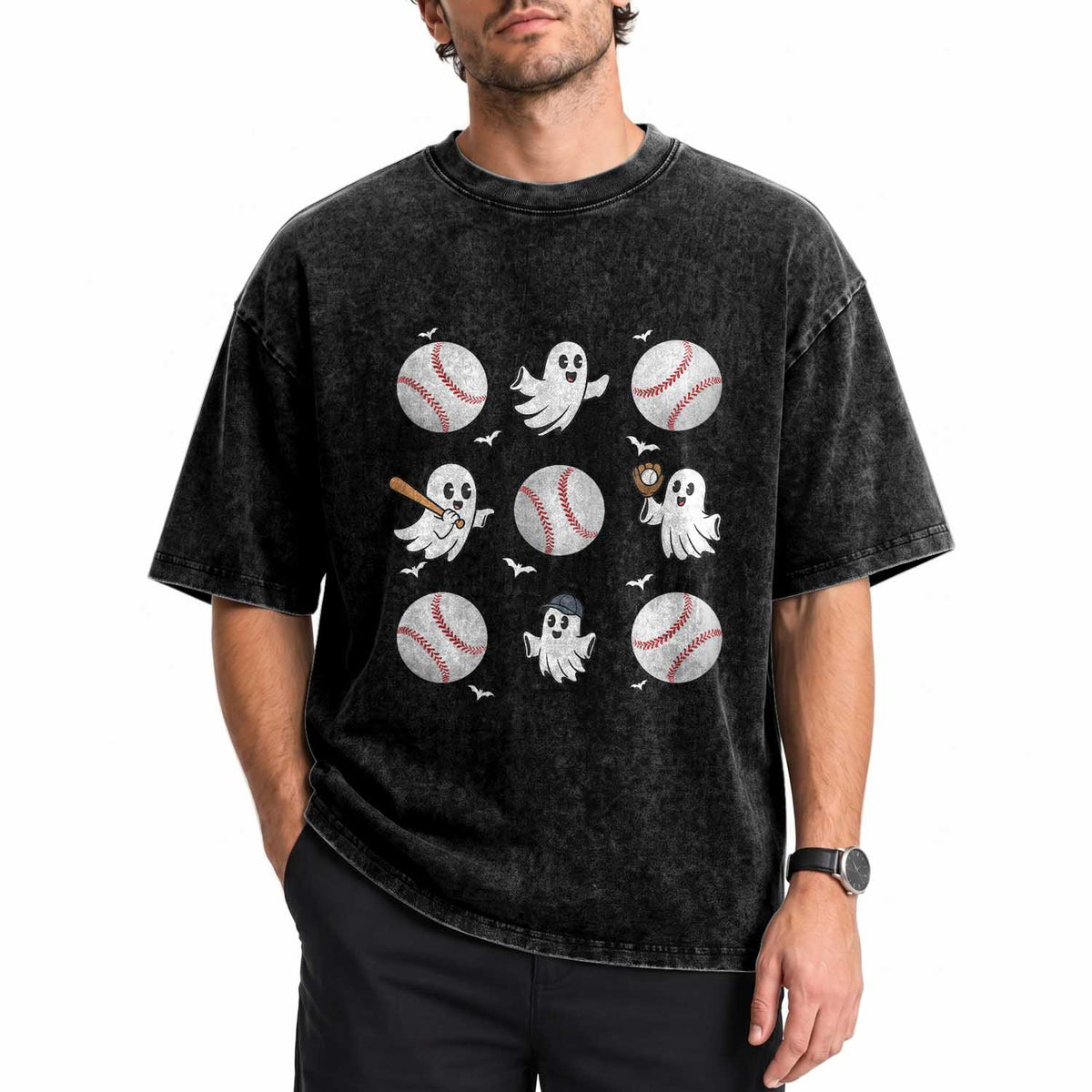 Halloween Baseball Washed Cotton T-Shirt Cute Ghost Playing Ball Gift