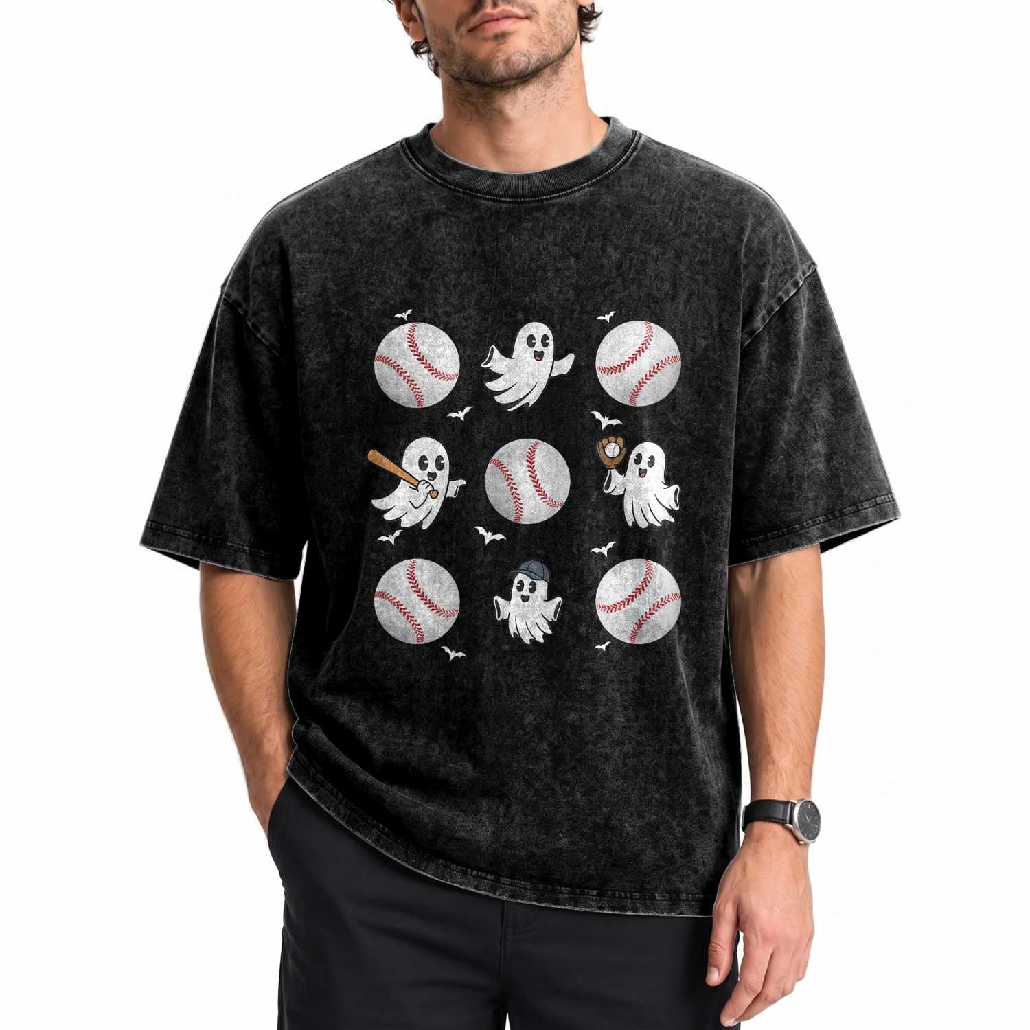 Halloween Baseball Washed Cotton T-Shirt Cute Ghost Playing Ball Gift