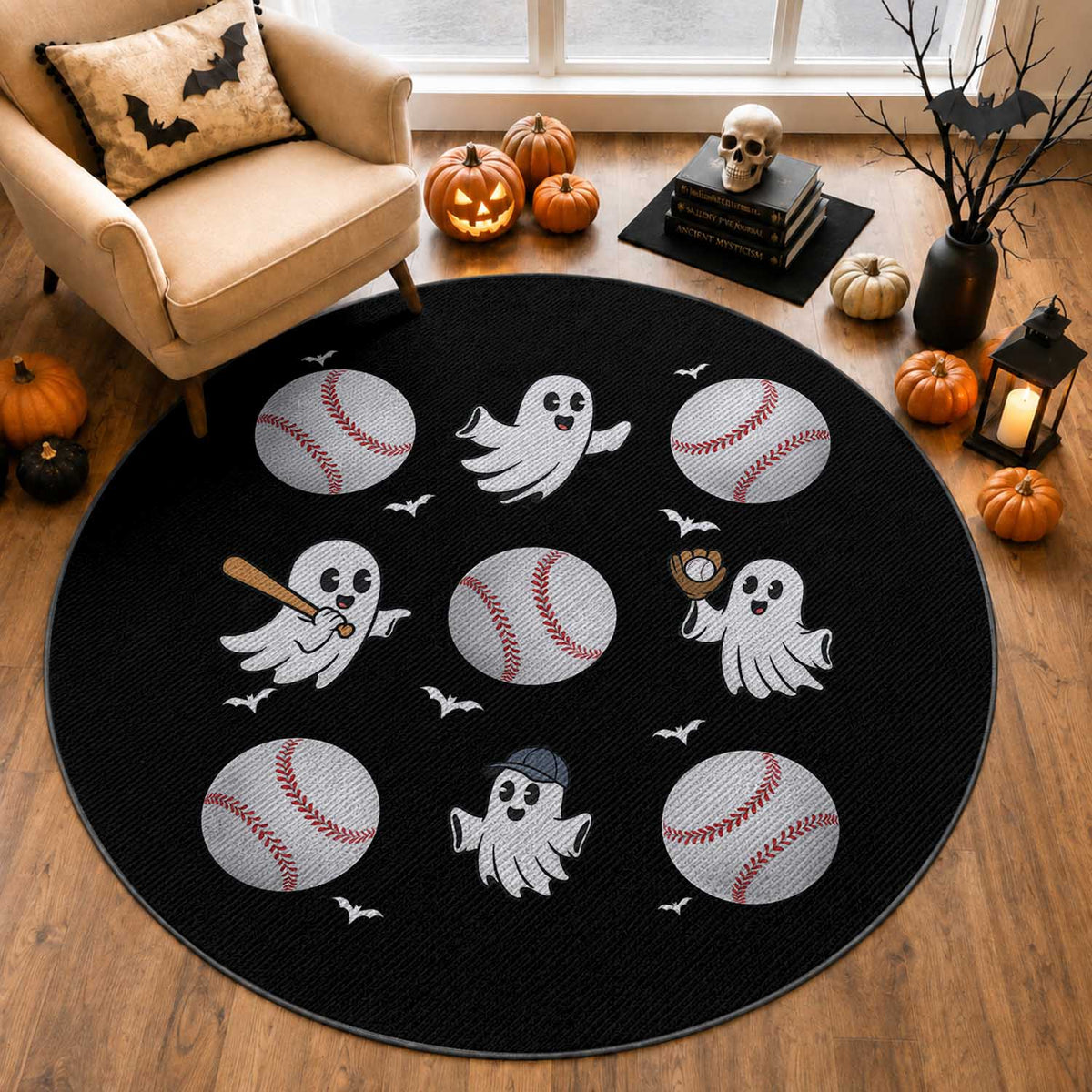 Halloween Baseball Round Rug Cute Ghost Playing Ball Gift