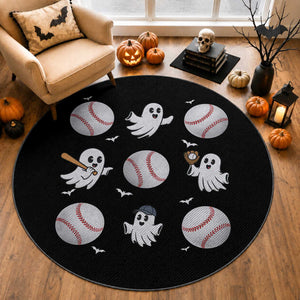 Halloween Baseball Round Rug Cute Ghost Playing Ball Gift