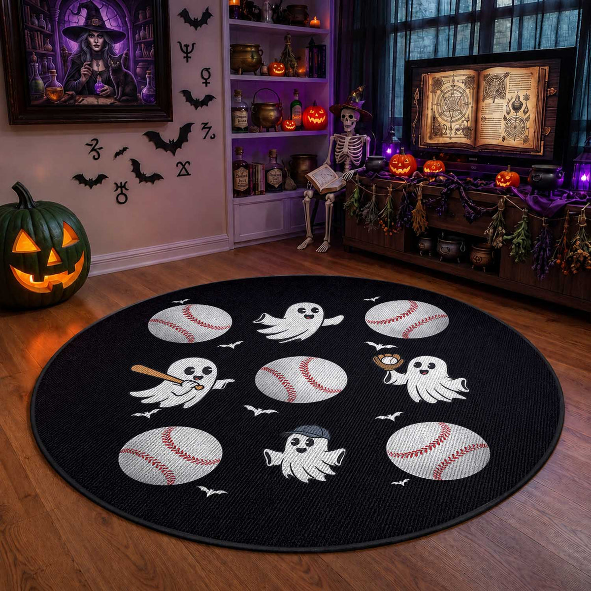 Halloween Baseball Round Rug Cute Ghost Playing Ball Gift