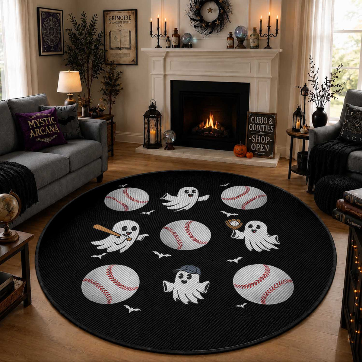 Halloween Baseball Round Rug Cute Ghost Playing Ball Gift