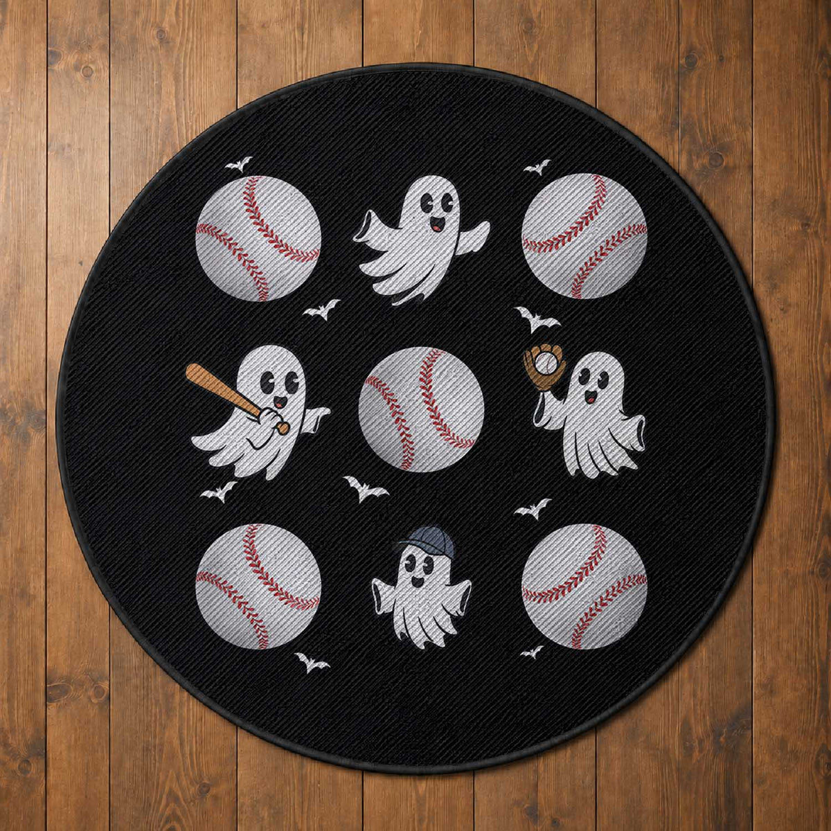 Halloween Baseball Round Rug Cute Ghost Playing Ball Gift