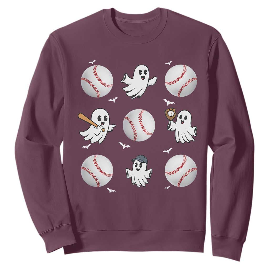 Halloween Baseball Sweatshirt Cute Ghost Playing Ball Gift TS12 Maroon Print Your Wear