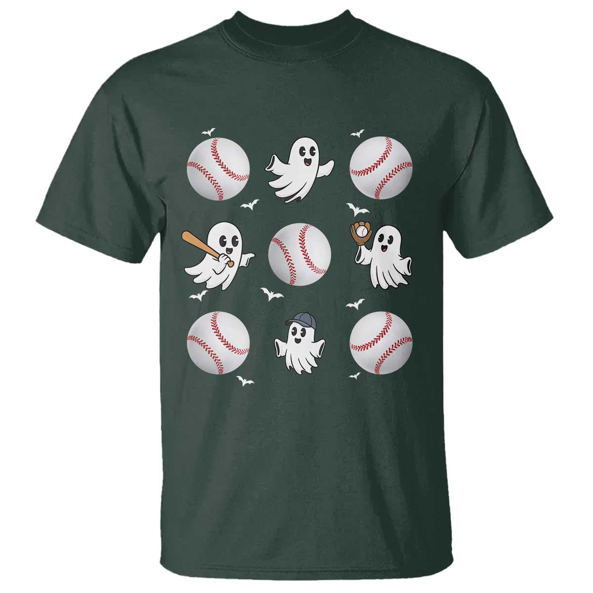 Halloween Baseball T Shirt Cute Ghost Playing Ball Gift TS12 Dark Forest Green Print Your Wear