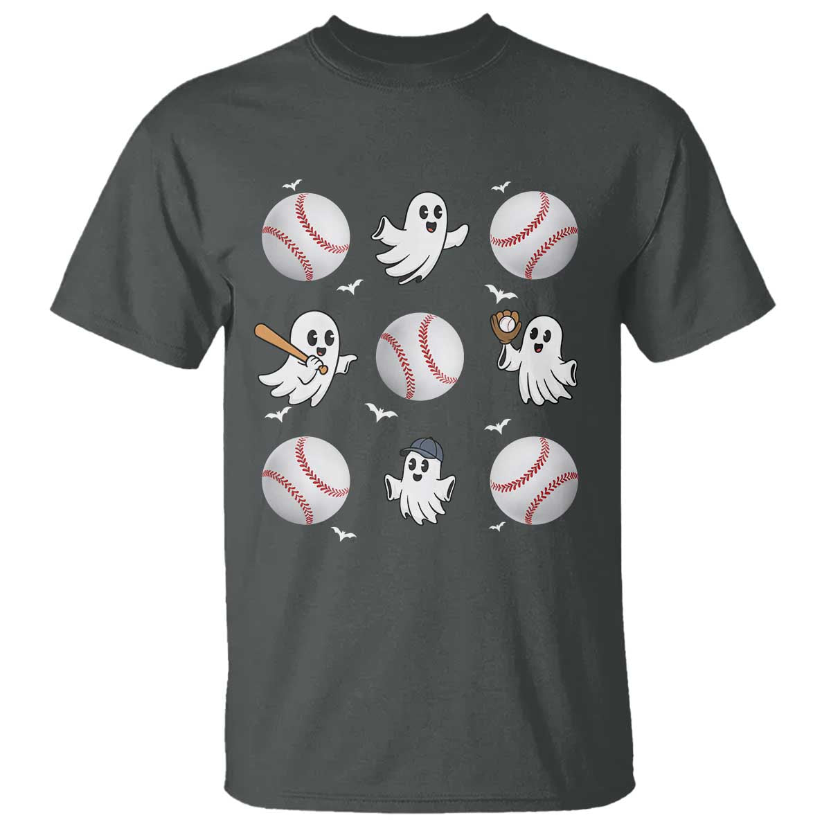 Halloween Baseball T Shirt Cute Ghost Playing Ball Gift TS12 Dark Heather Print Your Wear