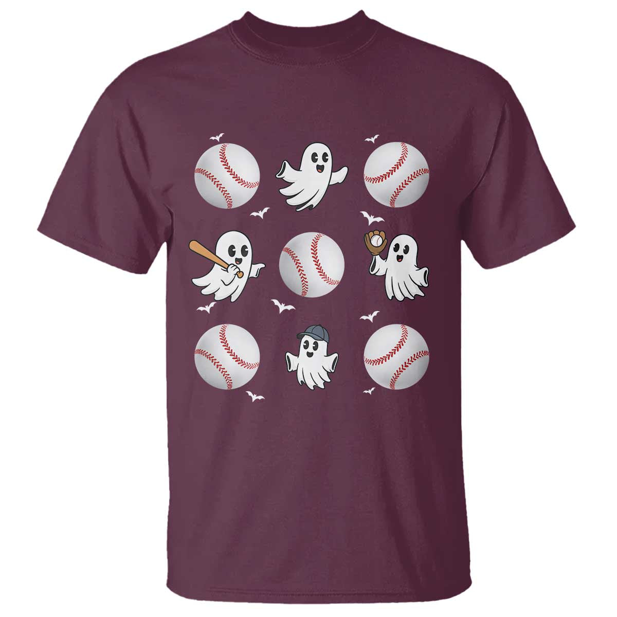Halloween Baseball T Shirt Cute Ghost Playing Ball Gift TS12 Maroon Print Your Wear