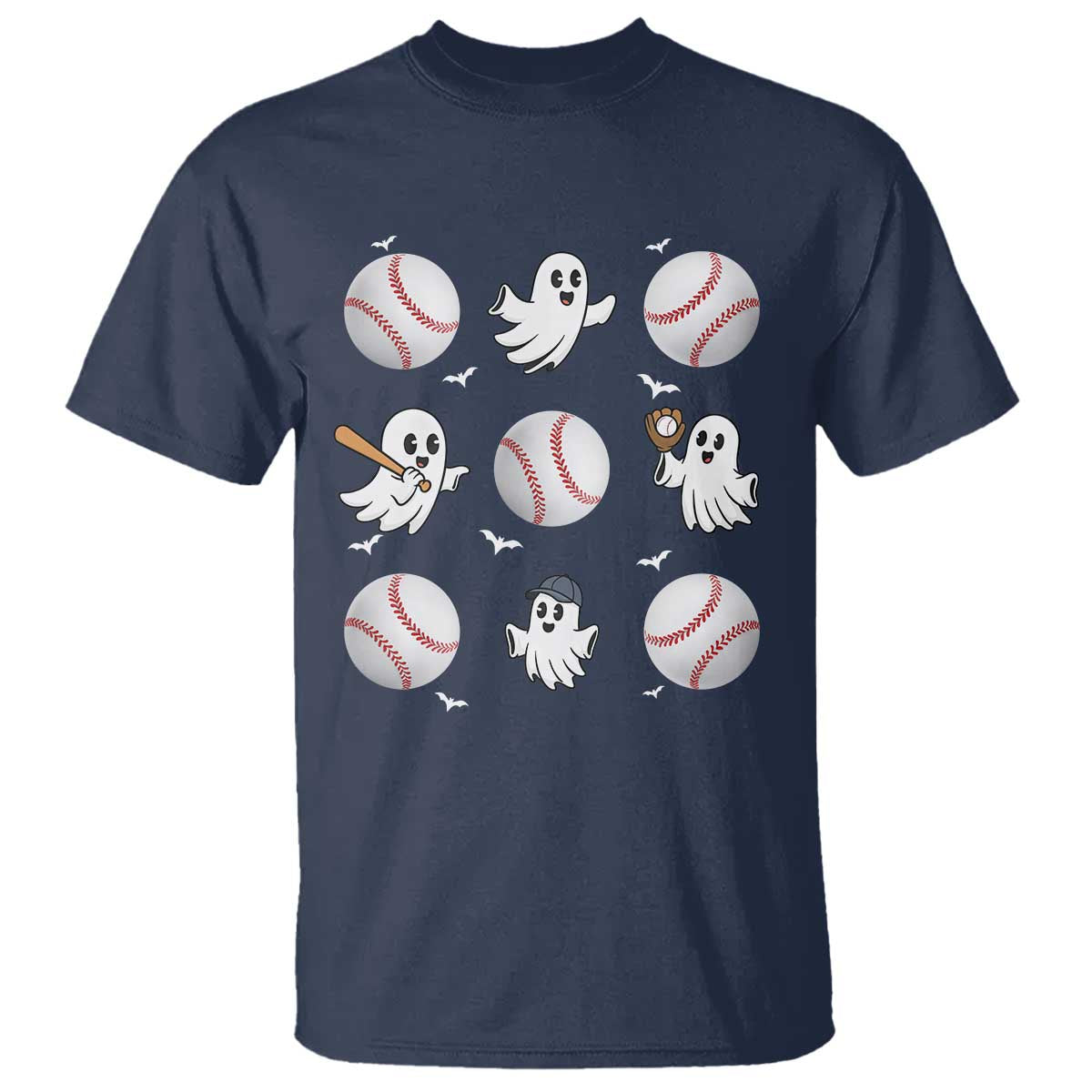 Halloween Baseball T Shirt Cute Ghost Playing Ball Gift TS12 Navy Print Your Wear