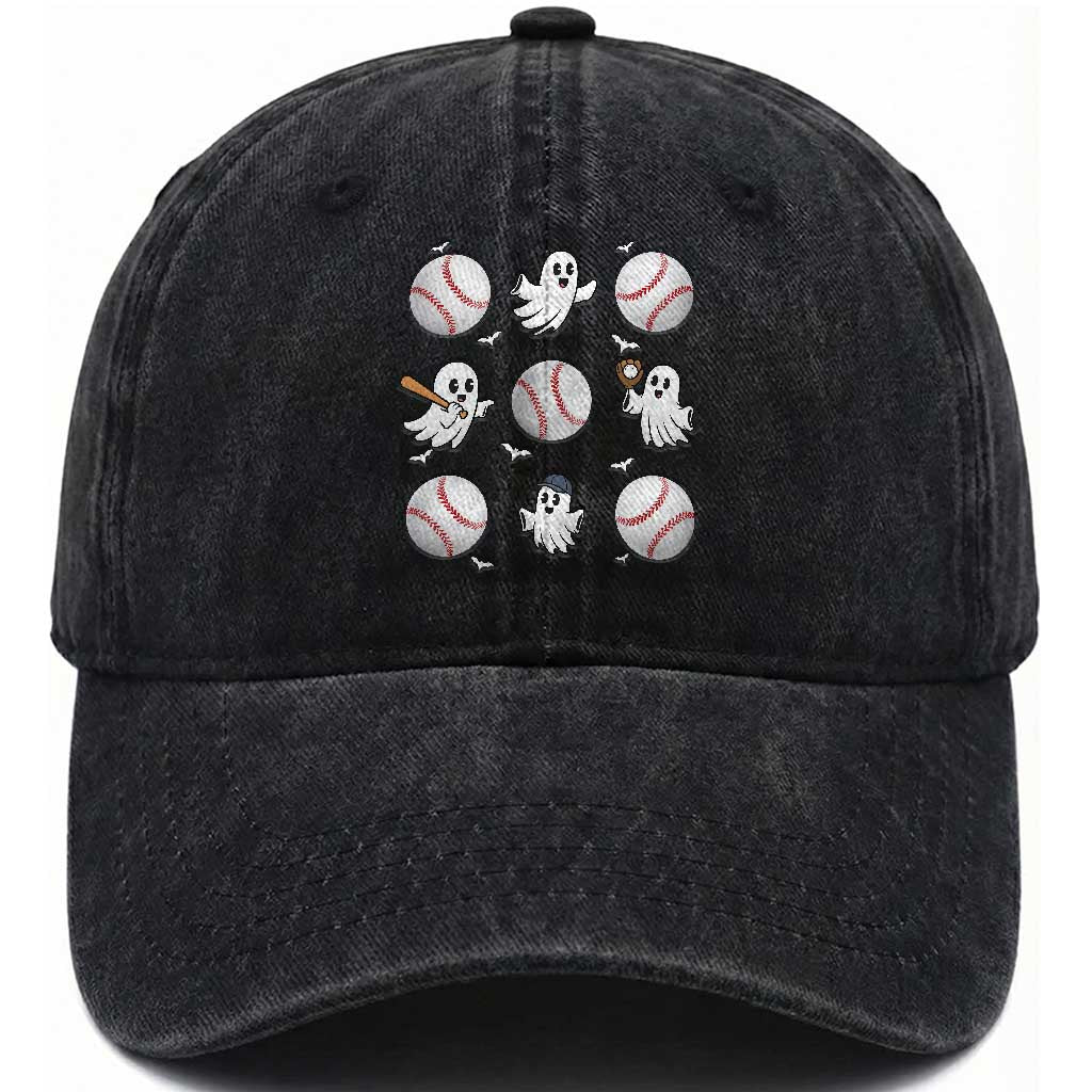 Halloween Baseball Washed Cotton Baseball Cap Cute Ghost Playing Ball Gift TS12 Washed Cap Universal Fit Black Print Your Wear
