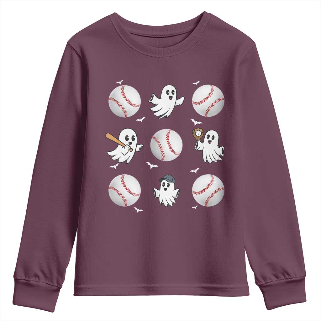 Halloween Baseball Youth Sweatshirt Cute Ghost Playing Ball Gift TS12 Maroon Print Your Wear
