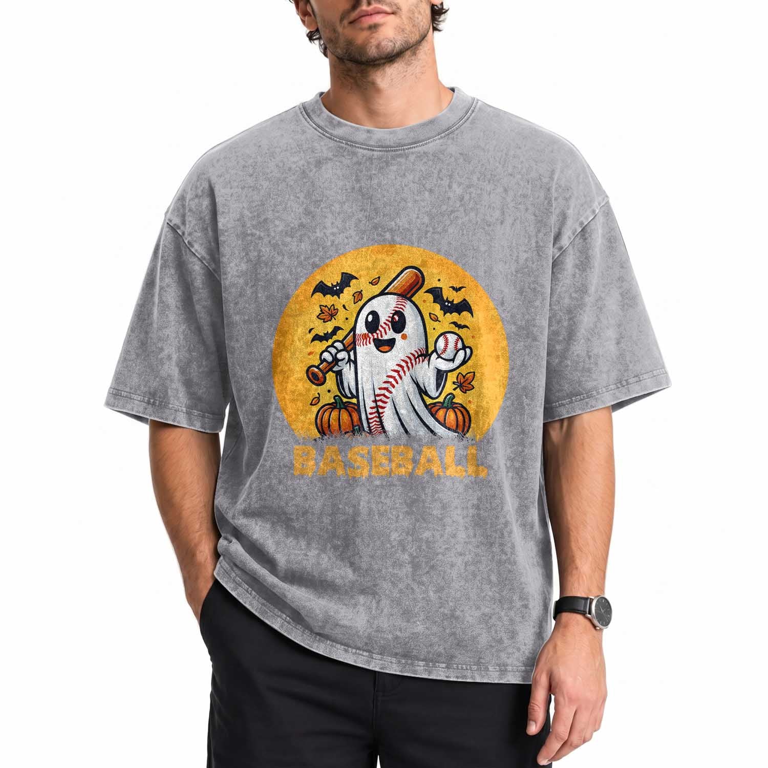 Funny Halloween Baseball Washed Cotton T-Shirt Cute Boo Playing Ball Gift
