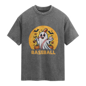 Funny Halloween Baseball Washed Cotton T-Shirt Cute Boo Playing Ball Gift