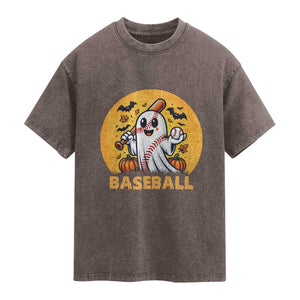 Funny Halloween Baseball Washed Cotton T-Shirt Cute Boo Playing Ball Gift