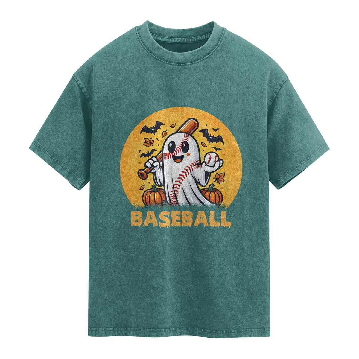 Funny Halloween Baseball Washed Cotton T-Shirt Cute Boo Playing Ball Gift