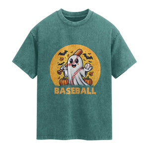 Funny Halloween Baseball Washed Cotton T-Shirt Cute Boo Playing Ball Gift