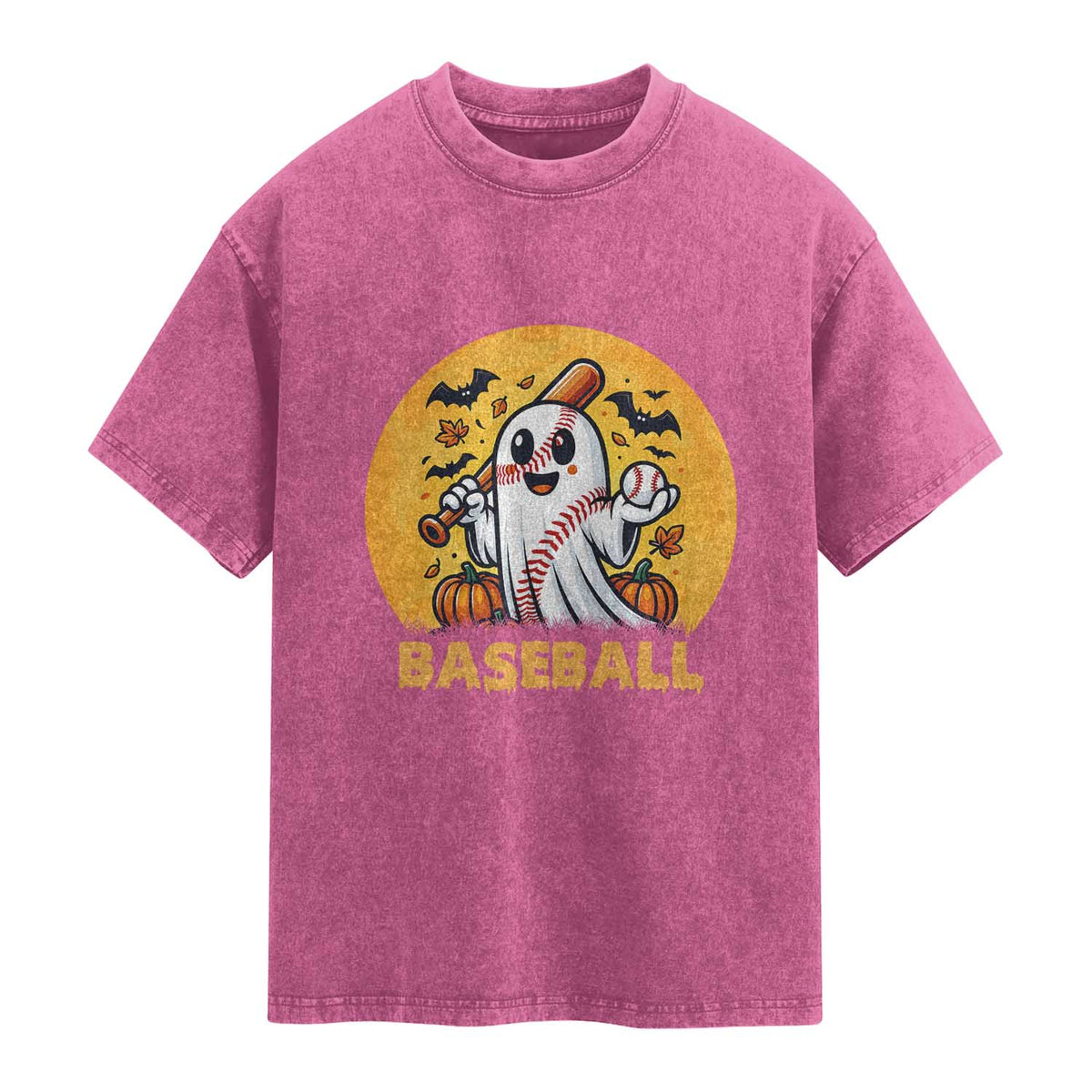 Funny Halloween Baseball Washed Cotton T-Shirt Cute Boo Playing Ball Gift