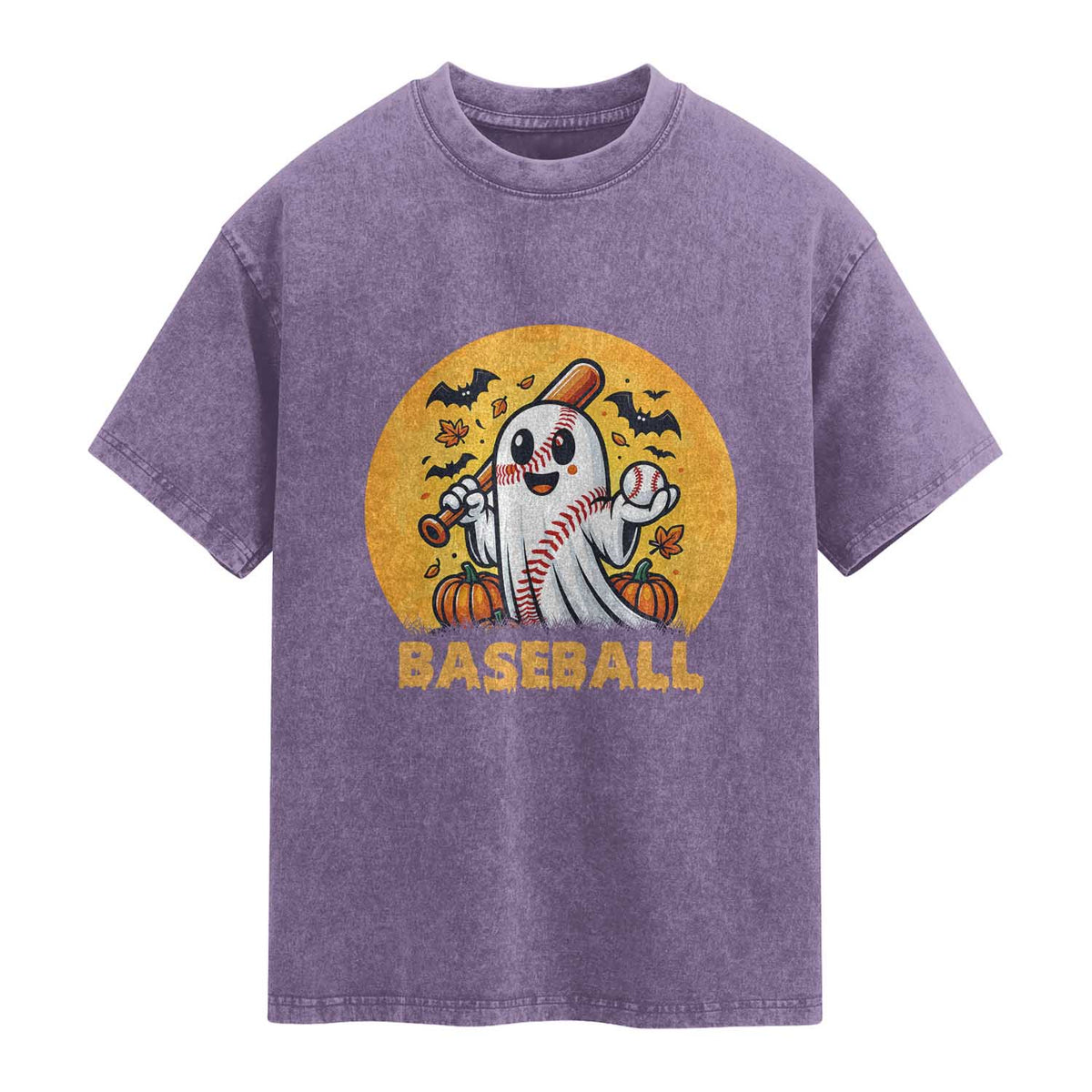 Funny Halloween Baseball Washed Cotton T-Shirt Cute Boo Playing Ball Gift