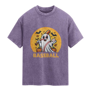 Funny Halloween Baseball Washed Cotton T-Shirt Cute Boo Playing Ball Gift