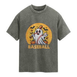 Funny Halloween Baseball Washed Cotton T-Shirt Cute Boo Playing Ball Gift