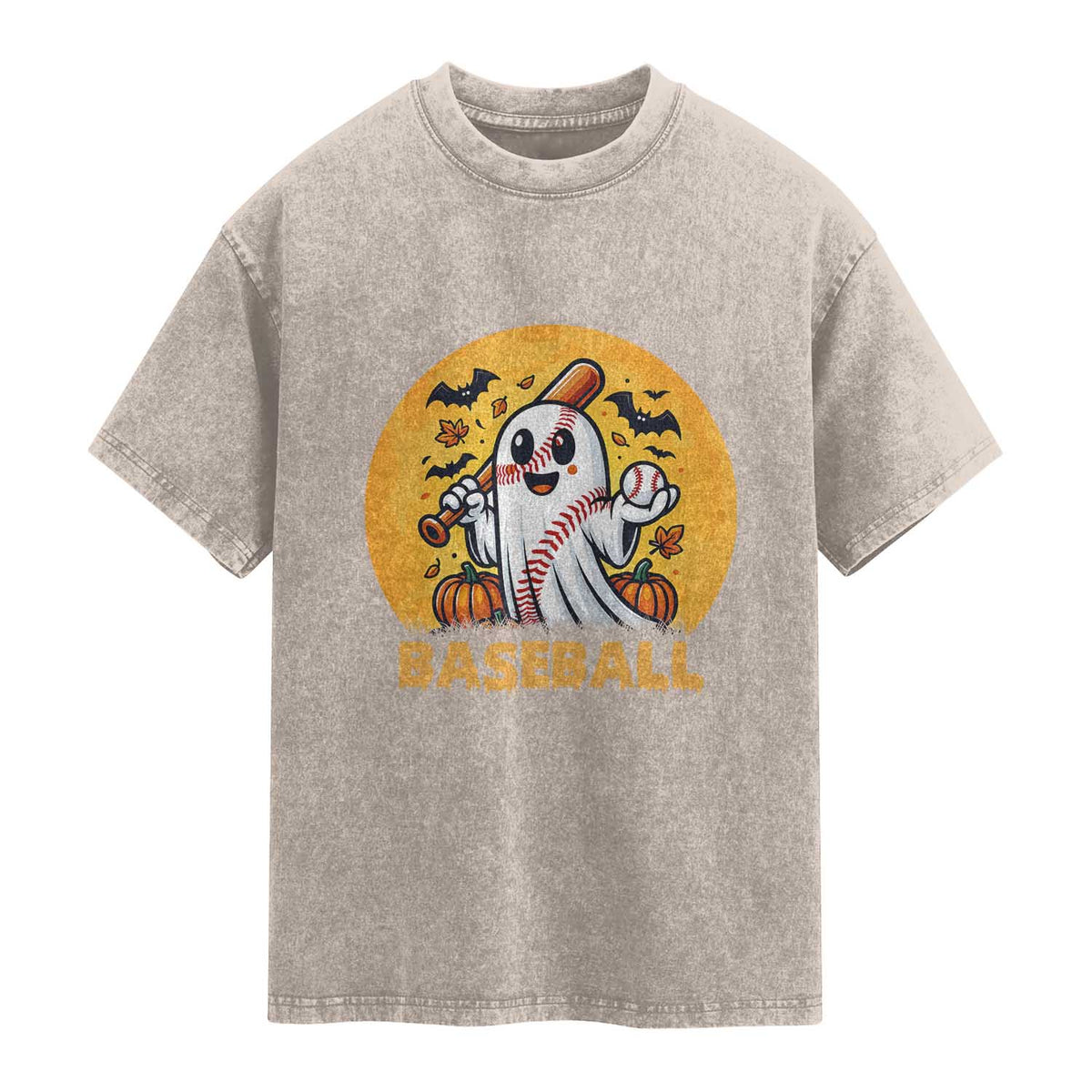 Funny Halloween Baseball Washed Cotton T-Shirt Cute Boo Playing Ball Gift