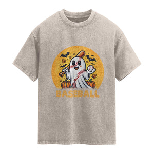 Funny Halloween Baseball Washed Cotton T-Shirt Cute Boo Playing Ball Gift