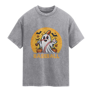 Funny Halloween Baseball Washed Cotton T-Shirt Cute Boo Playing Ball Gift