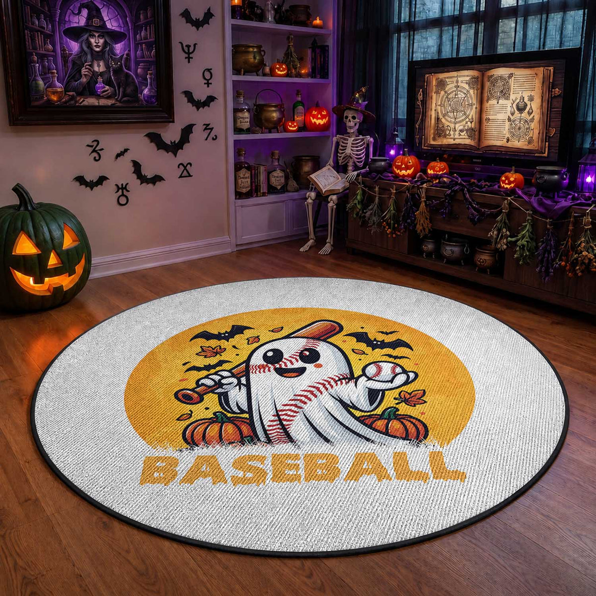 Funny Halloween Baseball Round Rug Cute Boo Playing Ball Gift